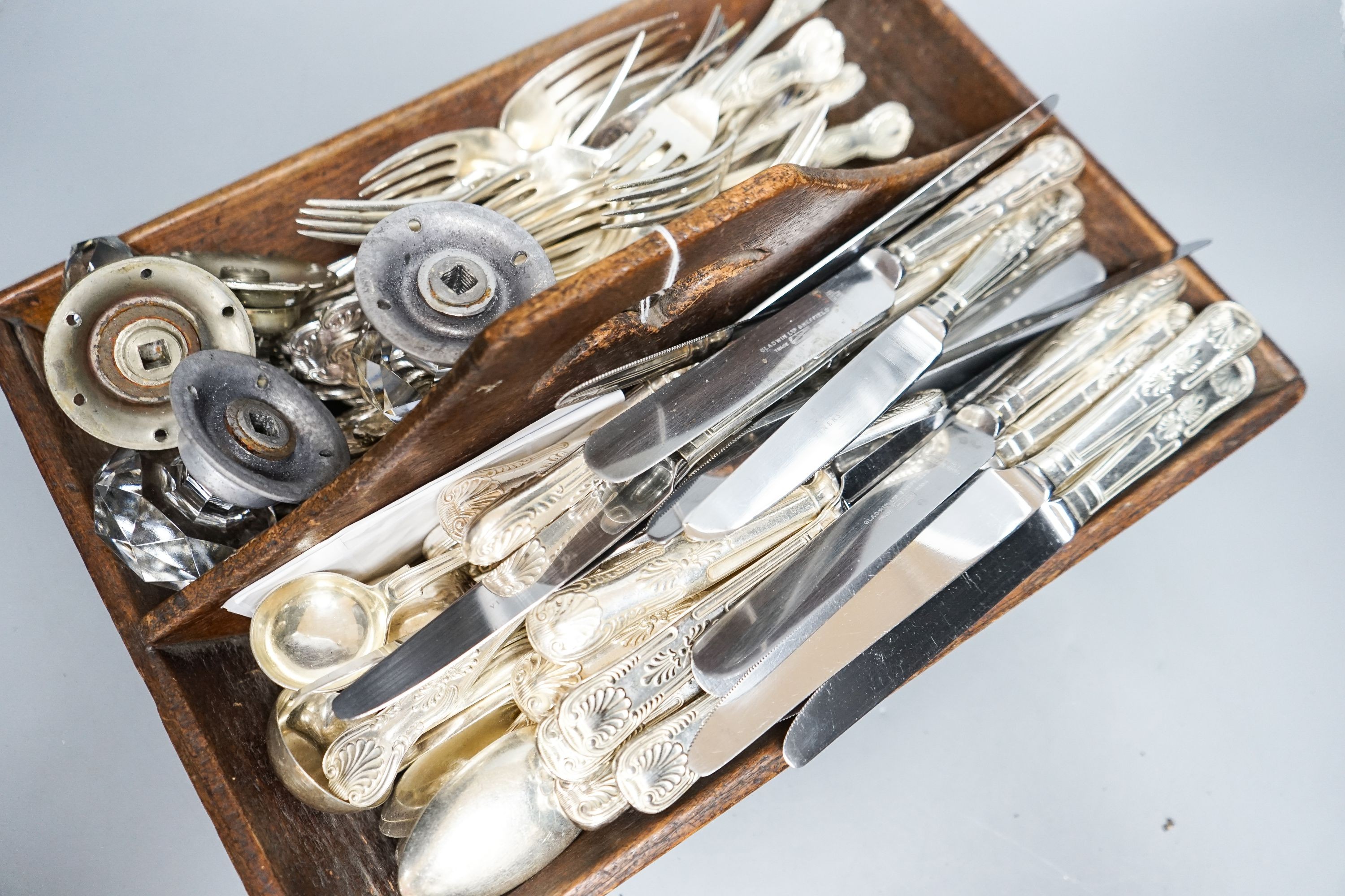 A 19th century cutlery carrier and a large quantity of Kings pattern plate etc.